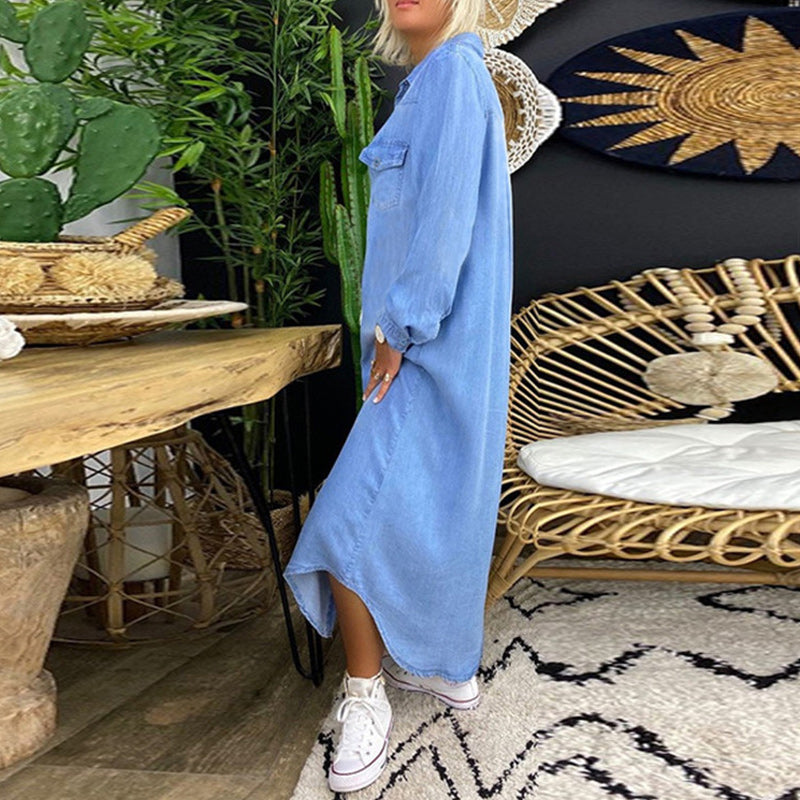 Sarah™ - Avslappnad Långärmad Maxiklänning i Denim