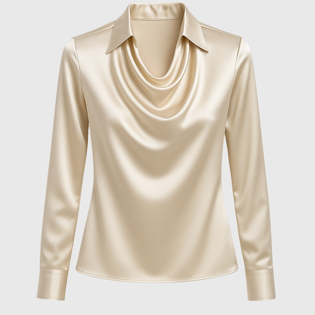 Gleura™ - Blus med Lyxig Glans och Plisserad Halsringning