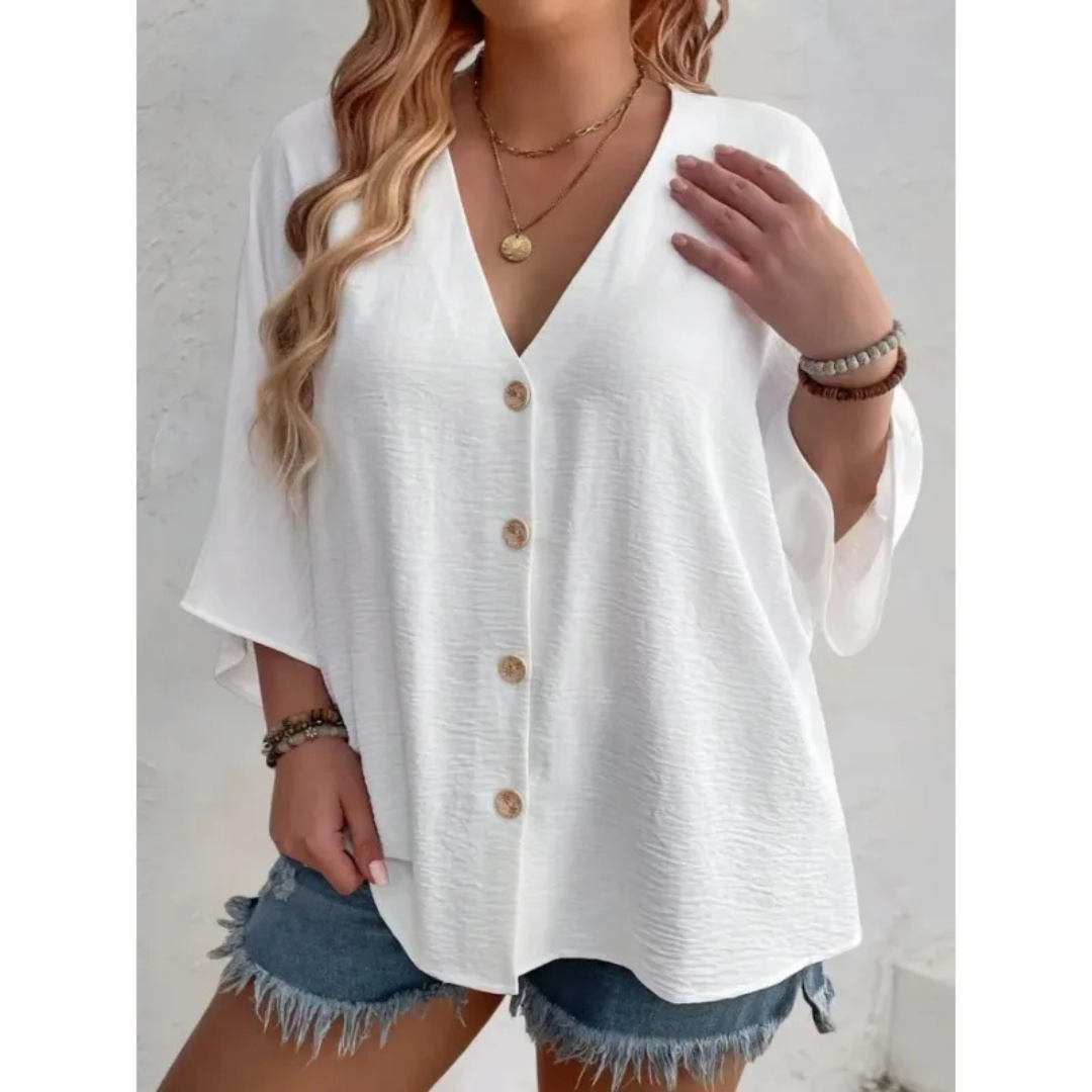 Quinn™ - Elegant V-Ringad Topp med Knappar för Kvinnor