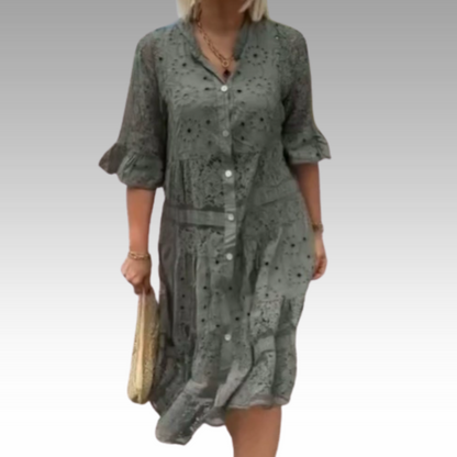 Emberly™ - Ledig Klänning med Broderi och Knäppning