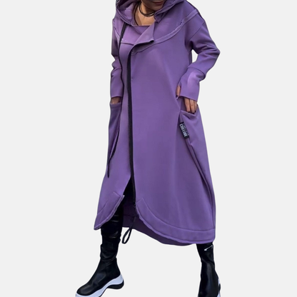 Veyra™ – Elegant Lång Kofta med Huv­a och Asymmetrisk Dragkedja