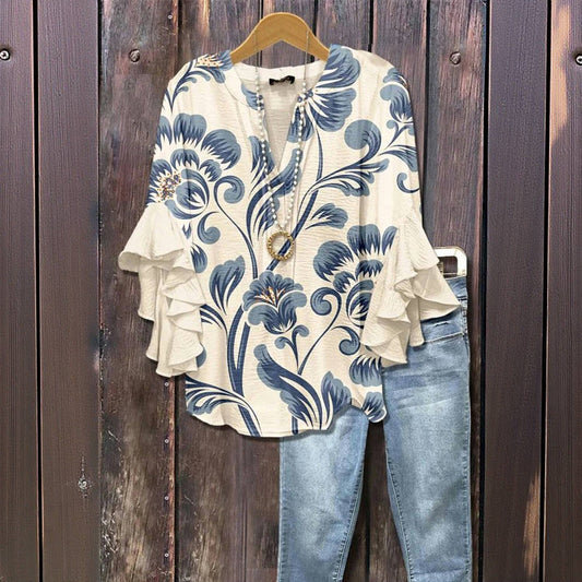 Florina™ - Blus med Blommönster, Volangärmar och Feminint Snitt