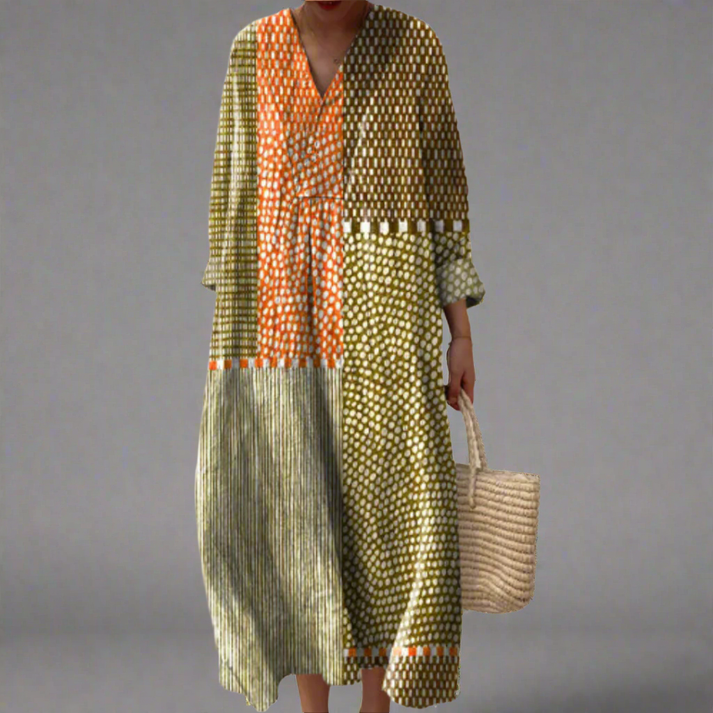 Vivienne™ | Erdfärgat Patchwork-Punktmönster-Midi-Klänning