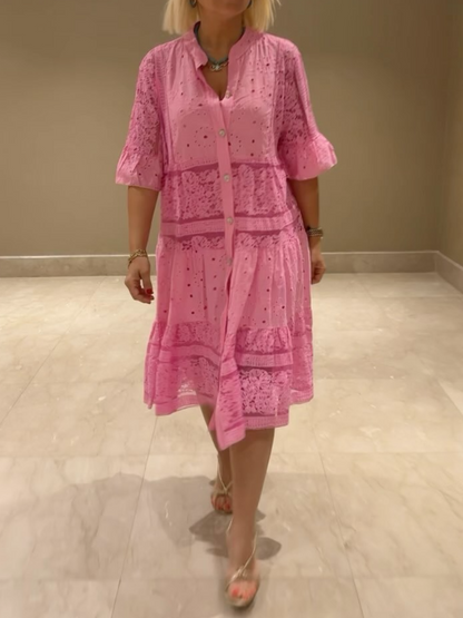 Emberly™ - Ledig Klänning med Broderi och Knäppning