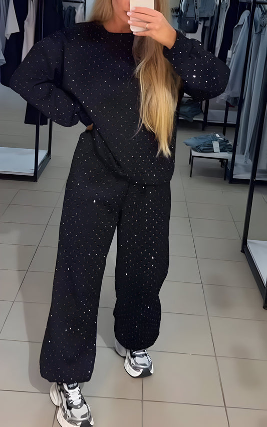 Sparkora™ - Avslappnad Sweatshirt och Byxset med Diamantdetaljer